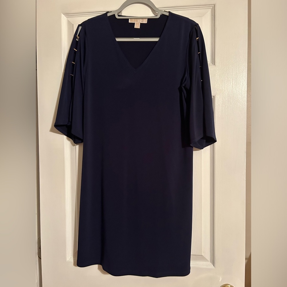 EUC MK Michael Kors V Neck Navy Dress with Gold hardware on Sleeves, Size Medium